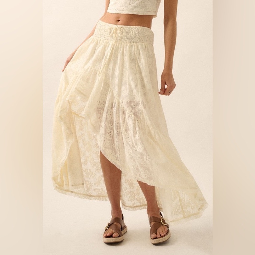 Promesa Sheer Floral Lace Asymmetrical High Low Ruffle Hem Maxi Skirt - Picture 4 of 9